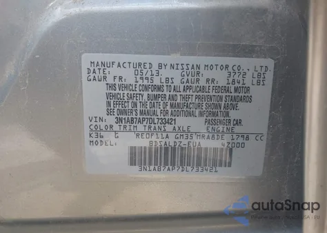 2013 Nissan Sentra Sv from USA, damaged, VIN 3N1AB7AP7DL733421